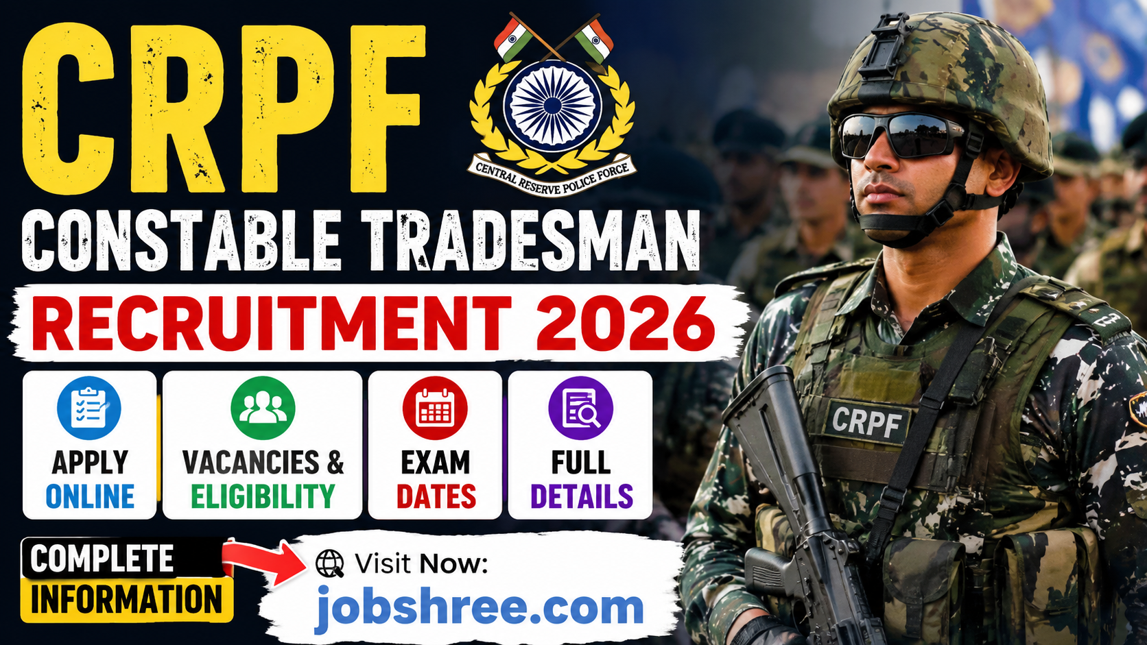 CRPF Constable Tradesman Recruitment 2026: Apply Online for Vacancies, Eligibility, Exam Dates and Full Details