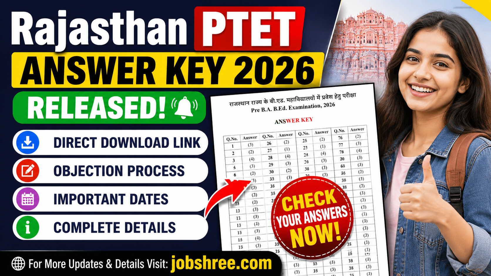 Rajasthan PTET Answer Key 2026 Released: Direct Download Link, Objection Process, Important Dates and Complete Details
